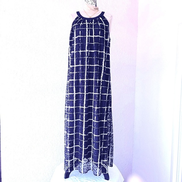 Blue Check Lace Tie Waist Sleeveless Long Maxi Dress XL - New York & Company - Picture 1 of 10